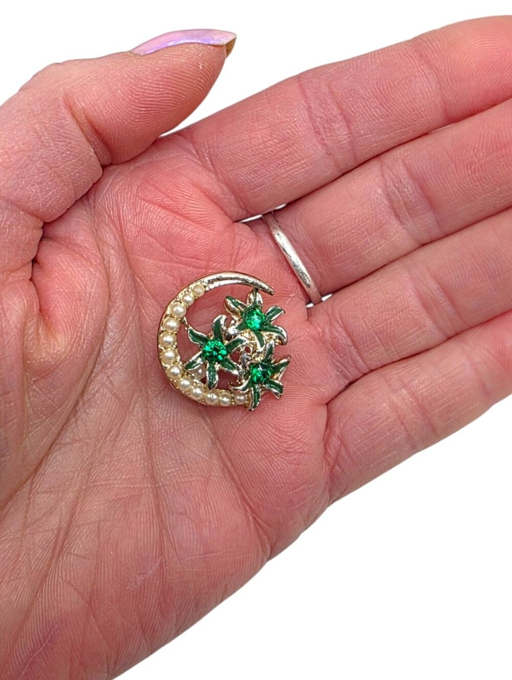 Vintage Crescent Moon Rhinestone & Faux Pearl Brooch 1960s